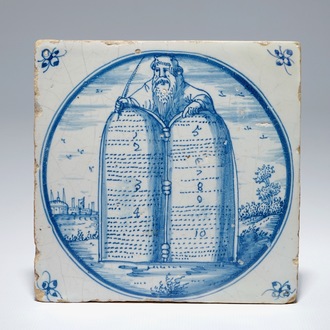 A rare Dutch Delft biblical tile "Moses and the ten commandments", 17th C.
