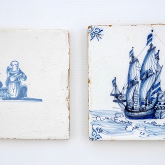 Deux carreaux en faïence de Delft aux décors d'un navire et d'un Chinois catholique, 17/18ème