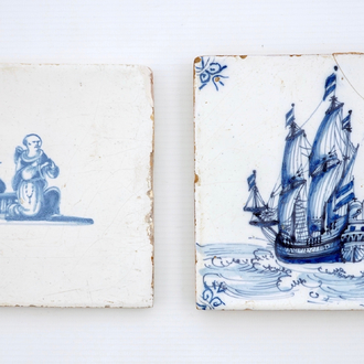 Two Dutch Delft blue and white tiles with a fine war ship and a Chinese catholic, 17/18th C.