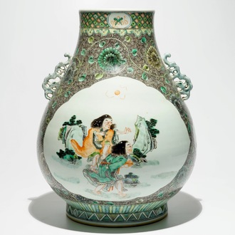 A large Chinese famille verte "HeHe Er Xian" hu vase, 19/20th C.