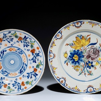 Two Dutch Delft polychrome chargers, 18th C.