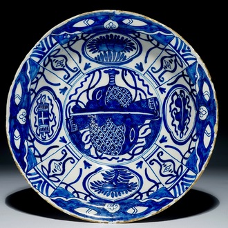 A large Dutch Delft blue and white Ming-style bowl, late 17th C.