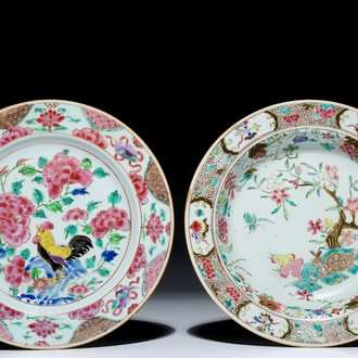 Two Chinese famille rose plates with a rooster and a dear, Yongzheng/Qianlong