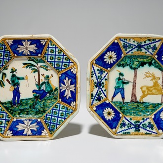 A pair of polychrome German plates with hunting scenes, Erfurt, dated 1736