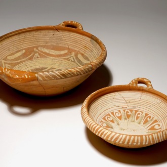 Two Werra red earthenware pottery porringers with a sun and a porcupine, dated 1607
