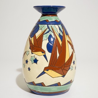 An art deco vase with stylised birds in flight, Charles Catteau for Boch Frères Keramis, ca. 1931