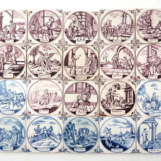 A set of 20 Dutch Delft blue, white and manganese biblical tiles, Utrecht, 18th C.