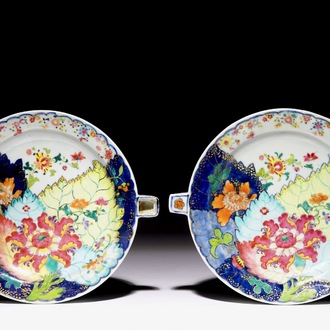 A pair of Chinese famille rose “Tobacco Leaf” rechaud dishes, Qianlong