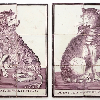 Une paire de tableaux de carreaux en faïence de Delft à décor d'un chat et d'un chien, 18ème
