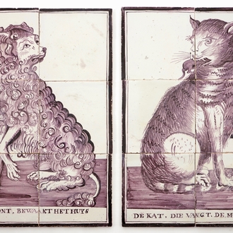 A pair of manganese Dutch Delft tile panels with a cat and a dog, late 18th C.