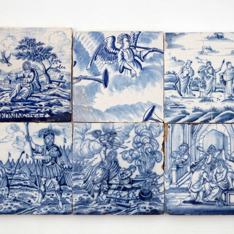 A set of 6 blue and white Dutch Delft biblical tiles, mostly Rotterdam, 18th C.