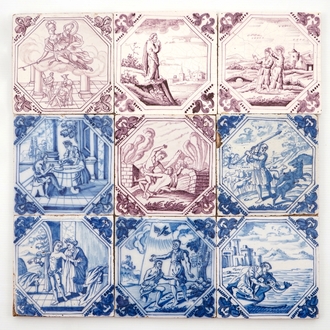 Un lot de neuf carreaux religieux en faïence de Delft bleu et blanc et manganèse, 18ème