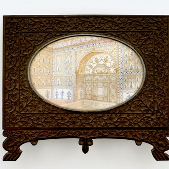 An Indian architectural miniature on ivory in carved ebony frame, 19th C.