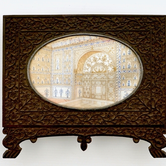 An Indian architectural miniature on ivory in carved ebony frame, 19th C.