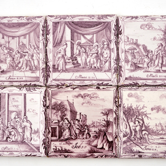 A set of six manganese Dutch Delft biblical tiles, 18th C.