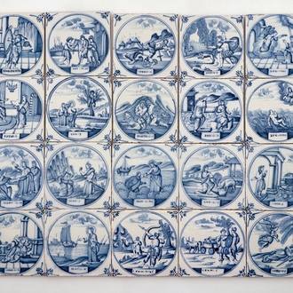 Un lot de 20 carreaux religieux en faïence de Delft bleu et blanc, Utrecht, 18ème