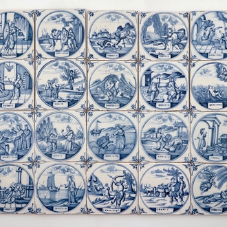 A set of 20 Dutch Delft blue and white biblical tiles, Utrecht, 18th C.