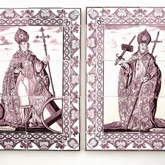 A pair of manganese Dutch Delft tile panels depicting Saint Willibrord and Saint Boniface, late 18th C.