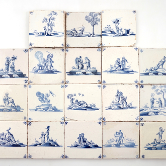 A set of 18 Dutch Delft blue and white biblical tiles, 17/18th C.
