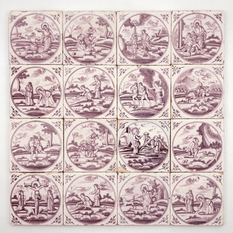 A set of 16 manganese Dutch Delft biblical tiles, 18/19th C.