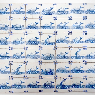 A set of 47 Dutch Delft blue and white seacreature tiles, Pulinckx workshop, Bruges, 18th C.