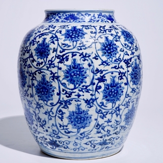 A Chinese blue and white lotus scroll vase, Ming, Wanli