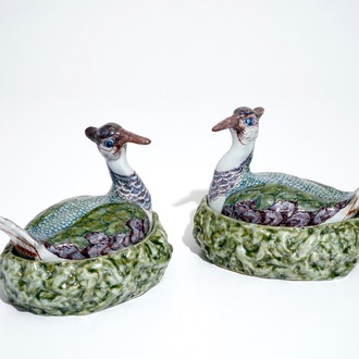 A pair of polychrome Dutch Delft butter tubs shaped as plovers, 18th C.