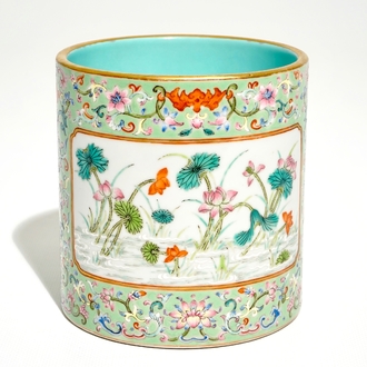 A Chinese turquoise ground enamelled brush pot, Qianlong mark, 20th C.