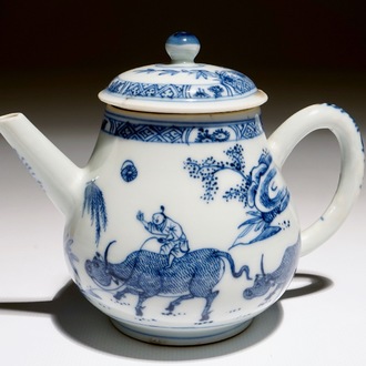 A Chinese blue and white "buffalo riding" teapot, Yongzheng