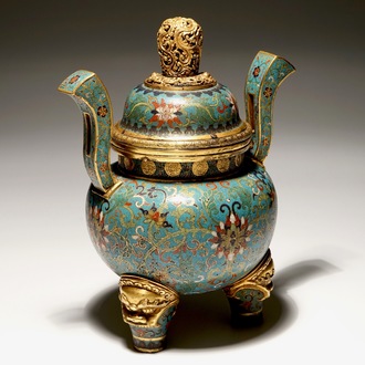 A Chinese cloisonné and gilt tripod incense burner and cover, Qianlong mark, 19/20th C.