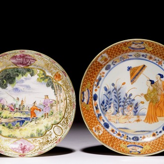 A Chinese Imari Cornelis Pronk: “Dames au Parasol" plate and a Meissen-style plate with a hunting scene, Qianlong
