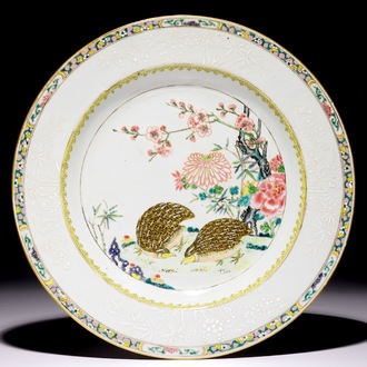 A large Chinese famille rose quails charger, Yongzheng