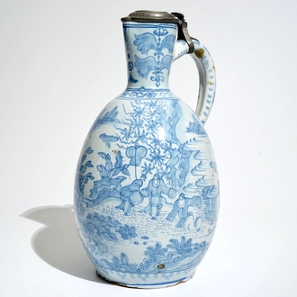 A large blue and white pewter-mounted jug, Delft or Frankfurt, 17th C.
