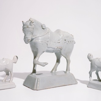 Three various white Dutch Delft horses, 18th C.