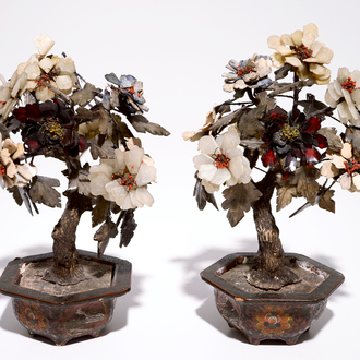 A pair of Chinese jade, soapstone, agate and coral trees in cloisonné pots, China, 19/20th C.