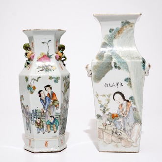 A square Chinese qianjiang cai vase and a hexagonal famille rose vase, 19/20th C.