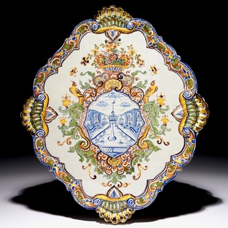 A large polychrome Dutch Delft mixed technique plaque, 18th C.