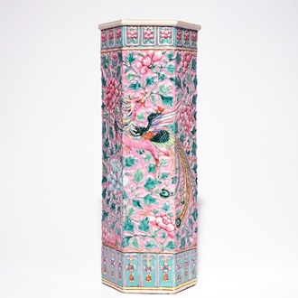 A tall relief-decorated Straits Chinese or Peranakan famille rose umbrella stand with phoenixes, 19th C.