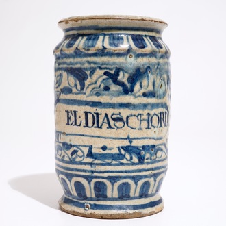 A blue and white Antwerp maiolica albarello drug jar, ca. 1580