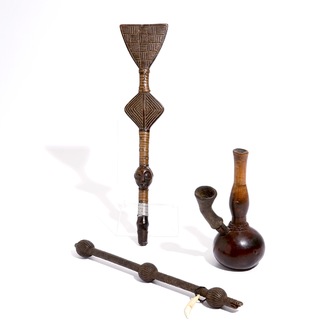 Two carved wood ceremonial staffs and a pipe, Luba and Bakongo, D.R. Congo, 1st half 20th C.