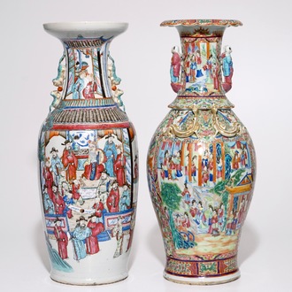 Deux grands vases en porcelaine de Chine famille rose et de Canton, 19ème
