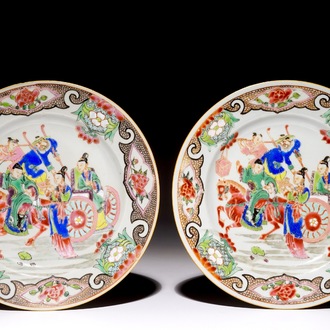 A pair of Chinese famille rose plates with a lady in a chariot, Yongzheng
