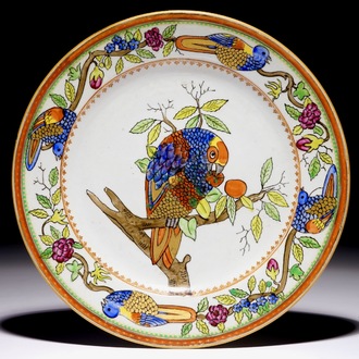 A Chinese Dutch-decorated Amsterdams bont plate with a parrot, Qianlong
