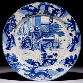 A large Dutch Delft blue and white chinoiserie dish, late 17th C.