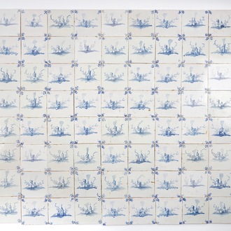 Un lot de 85 carreaux de style Delft aux paysages en bleu et blanc, Bruges, atelier Pulinx, 18ème