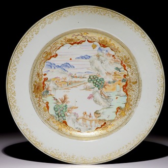 A large Chinese famille rose and gilt dish with a fine landscape, Yongzheng/Qianlong