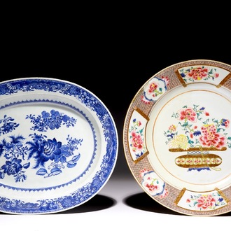 A Chinese famille rose dish with a flowerbasket and an oval blue and white floral dish, Qianlong