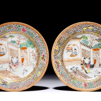 A pair of Chinese famille rose plates with figures on a terrace, Yongzheng