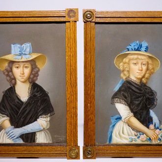 Een paar pastel portretten van jongedames, gesigneerd Vollmöller, gedat. 1790