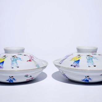 A pair of Chinese famille rose covered bowls with the eight immortals, Guangxu mark and prob. of the period, 19/20th C.